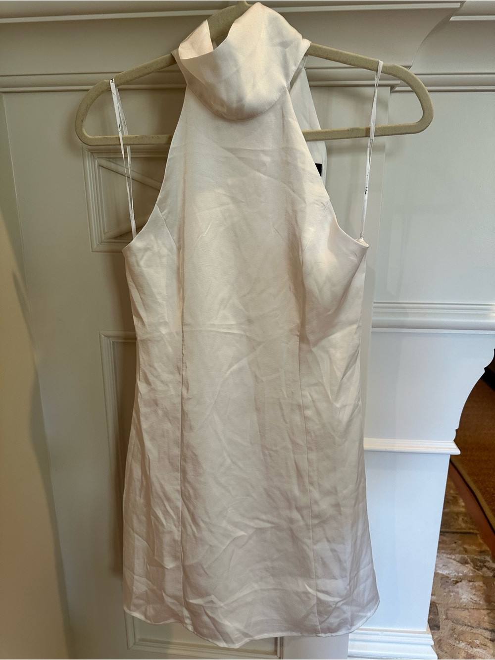 Sleeveless High Neck Satin Mini Dress in white